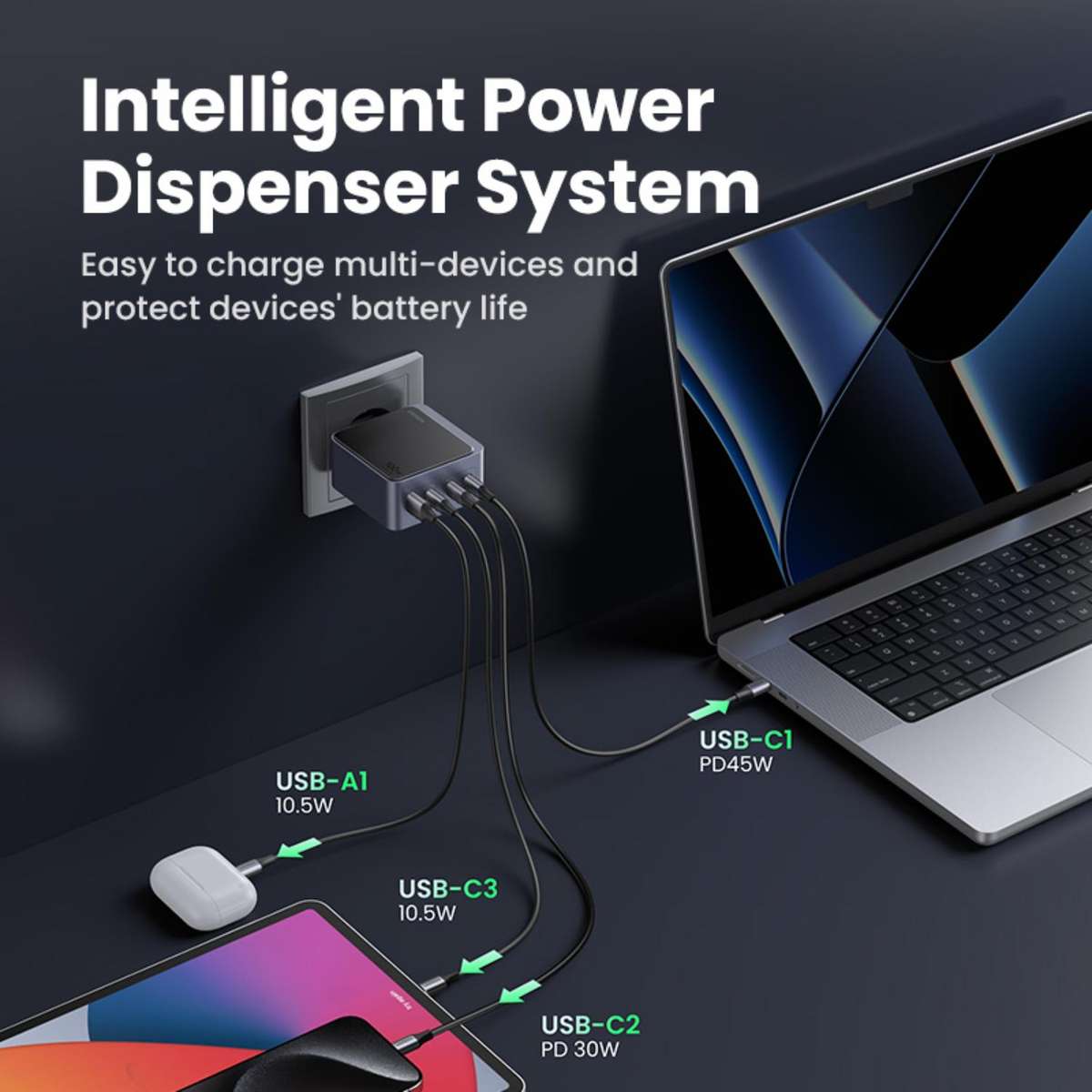 UGREEN Nexode 100W GaN PD Fast Wall Charger - 4 Port - Grey & Black