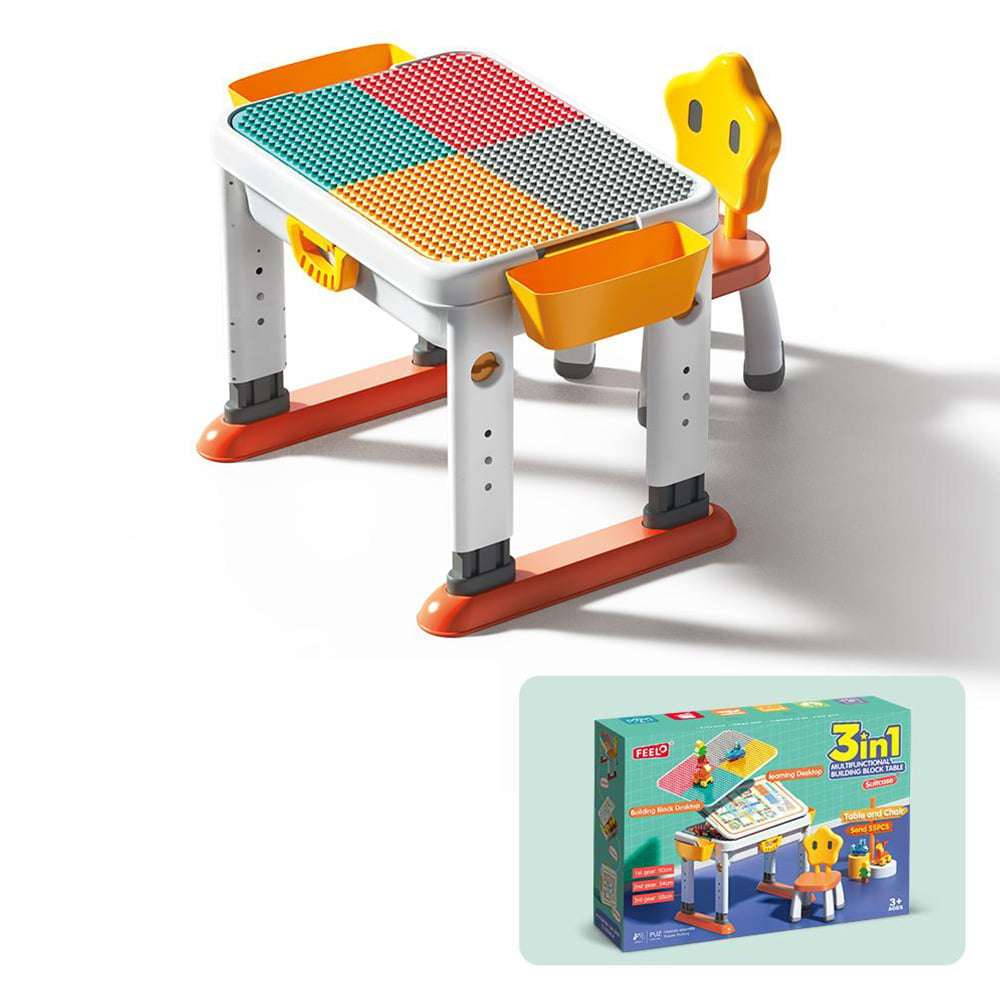 Feelo - 3-in-1 Multi-Functional Building Block Table & Chair (Adjustable) - 55 Pieces