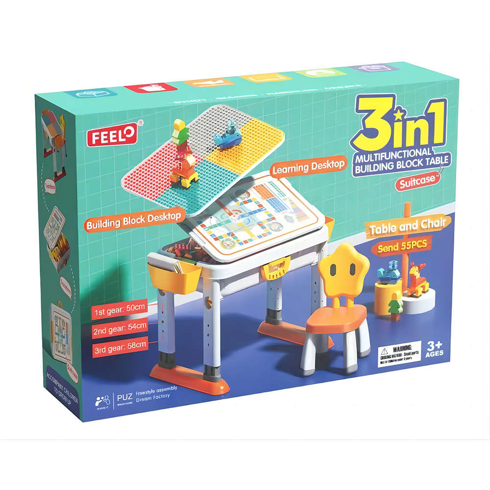 Feelo - 3-in-1 Multi-Functional Building Block Table & Chair (Adjustable) - 55 Pieces