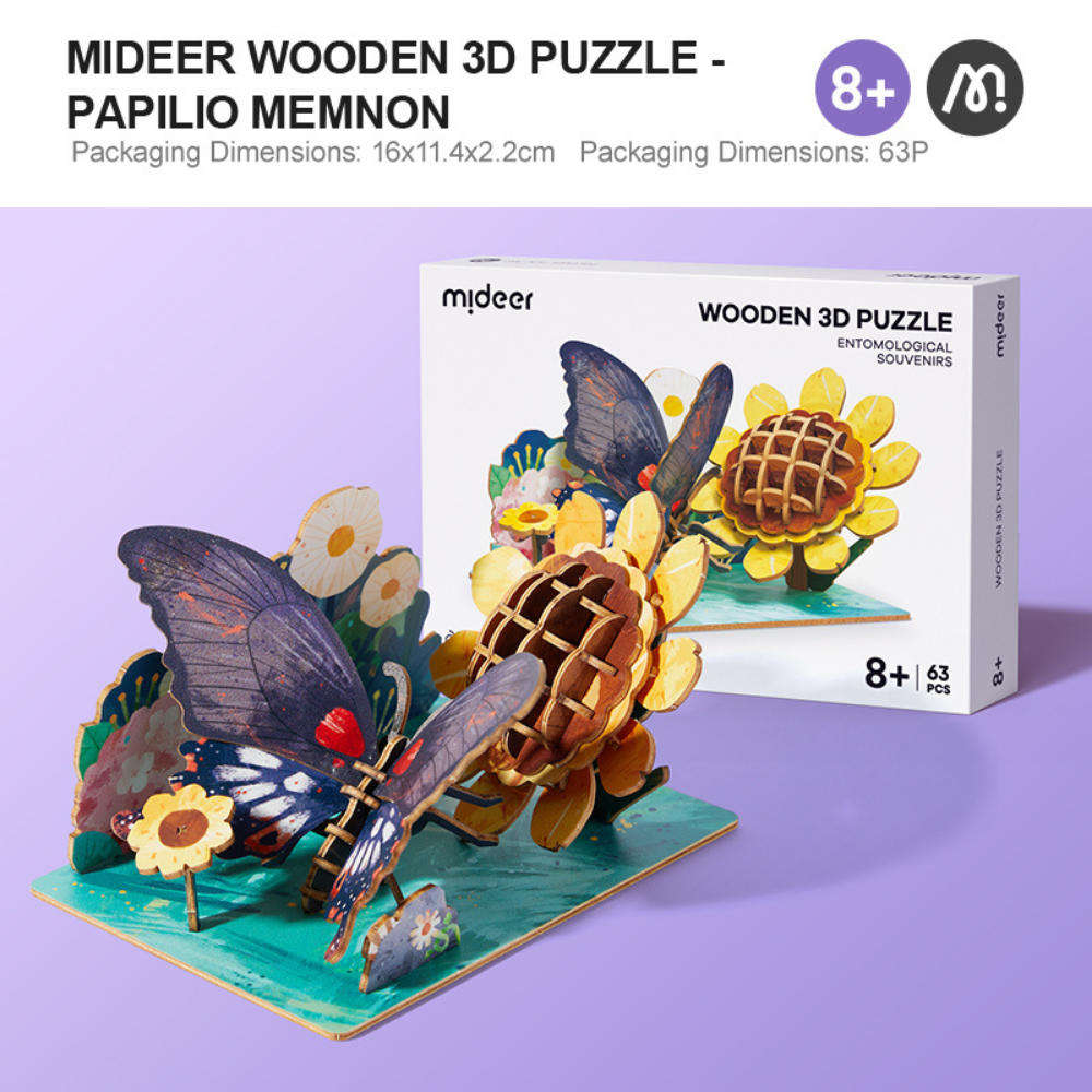Mideer - Wooden 3D Puzzle for Kids with Educational Flash Cards - Butterfly 48 Pieces