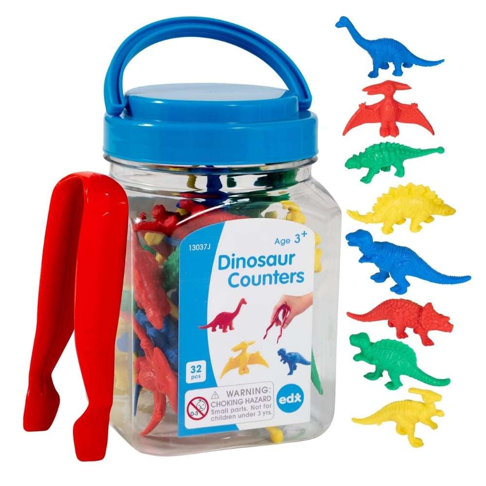EDX Education - Dinosaur Counters & Tweezer in Jar - 32pc Math Manipulative