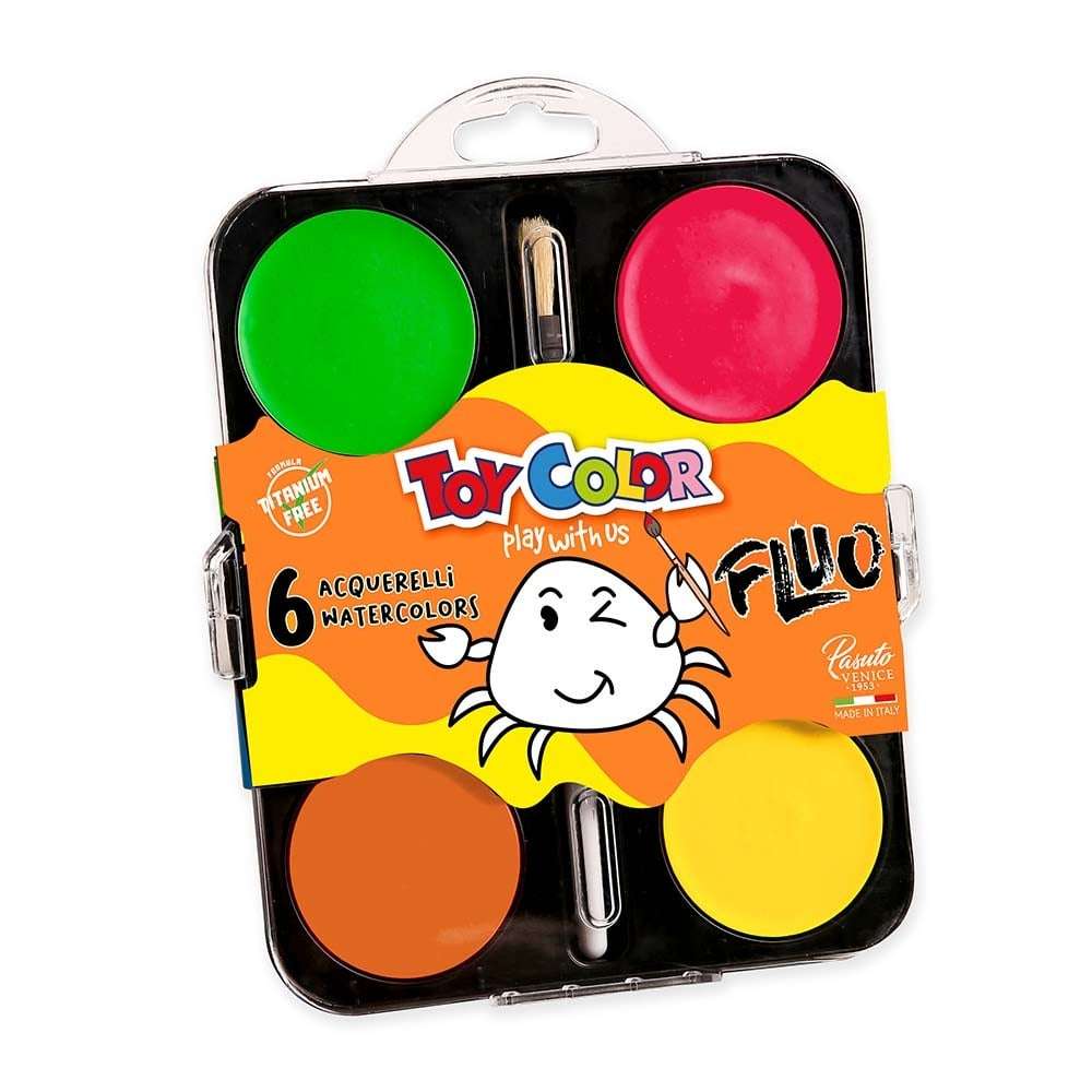 Toy Color - Watercolours Maxi Fluorescent - 6 Giant Glow Colour Tablets with Brush - 55mm Size