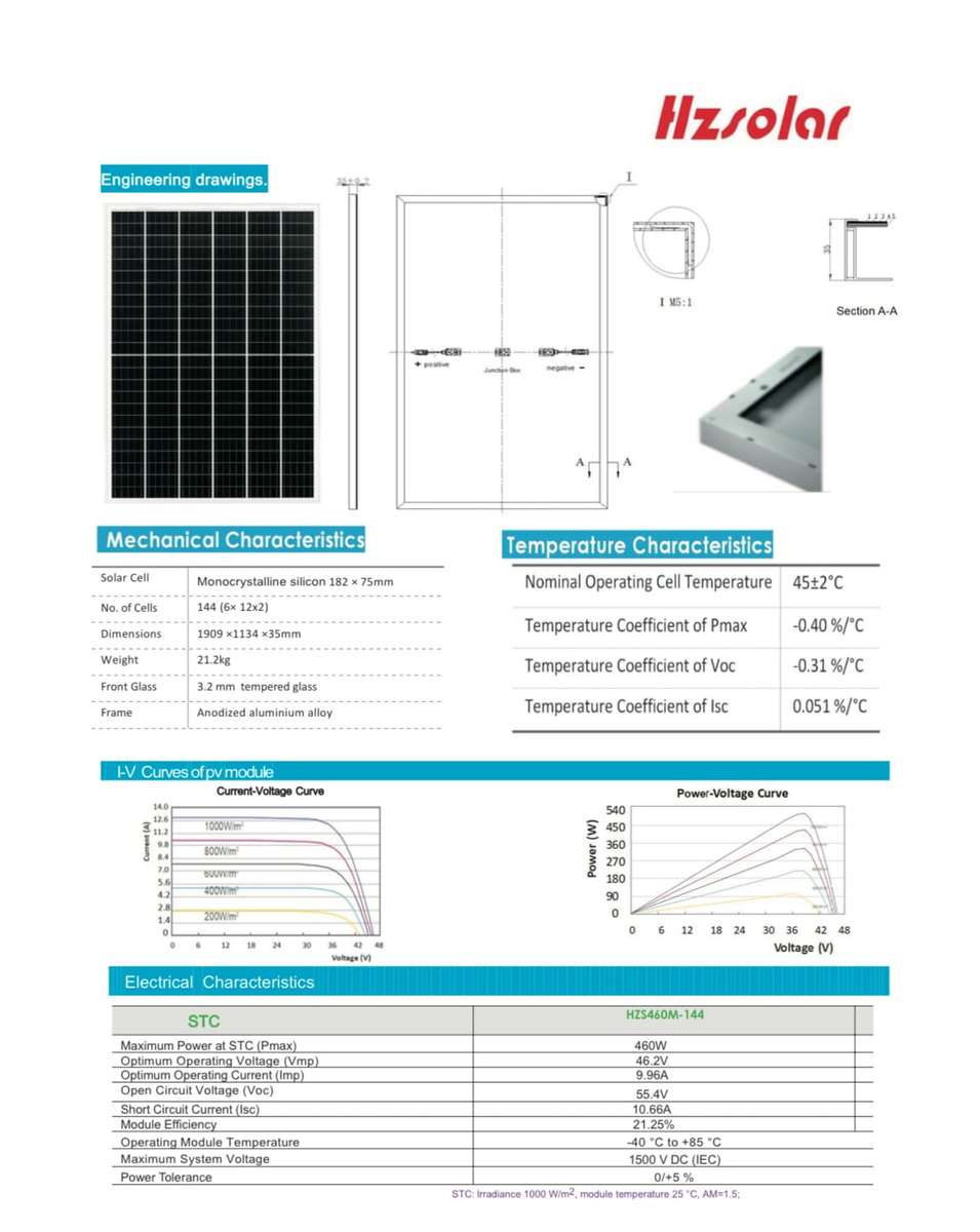 460W HZ SOLAR Mono Crystalline Solar Panel
