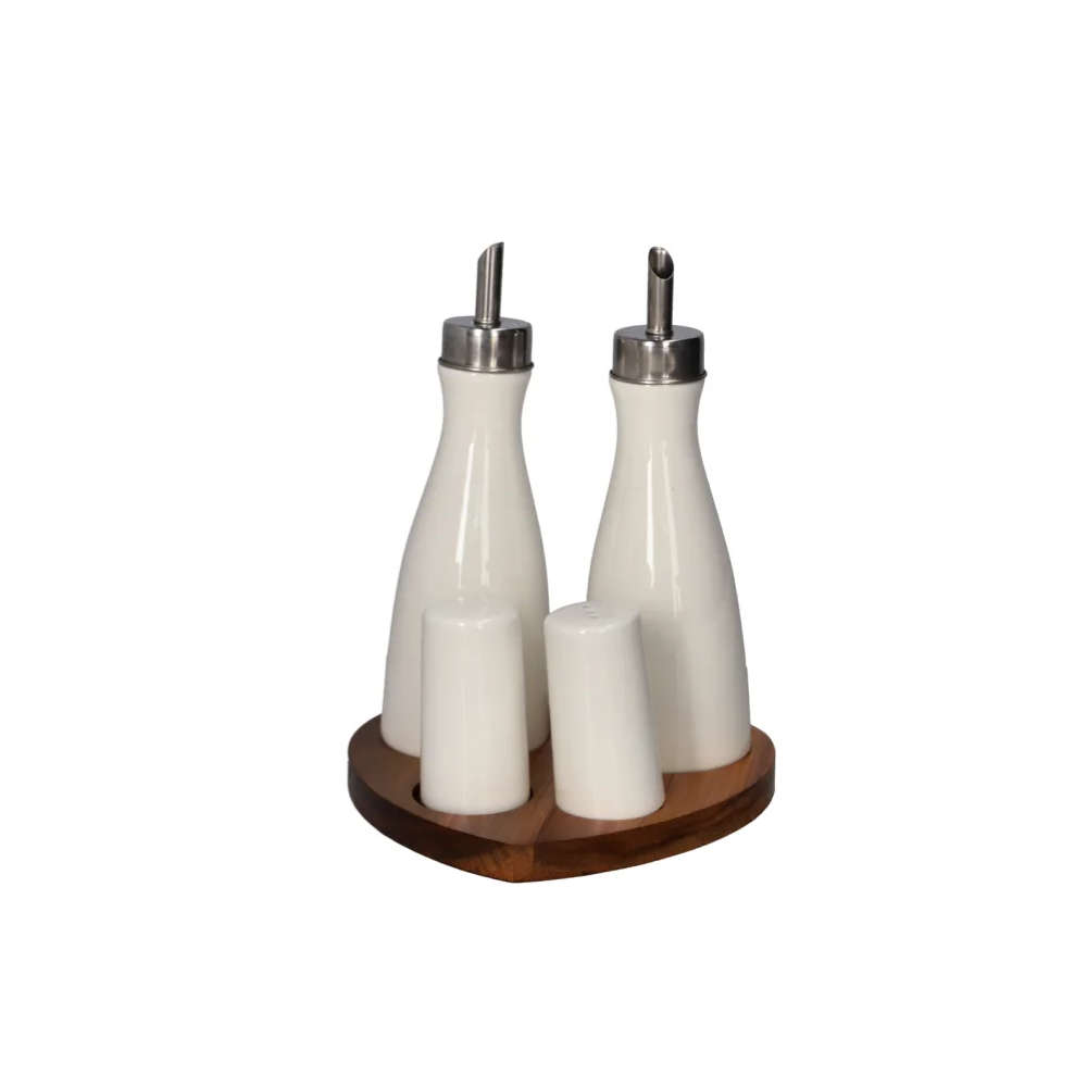 Ceramic 5pc condiment set white with oak wood
