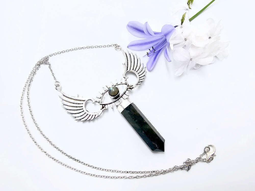 Labradorite Eye Winged Crystal Necklace