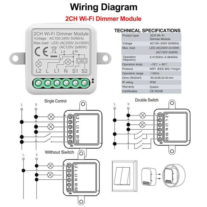 Smart Mini Switch Dimmer Module 2 Gang (upgrade existing) | WiFi Tuya Smart Life