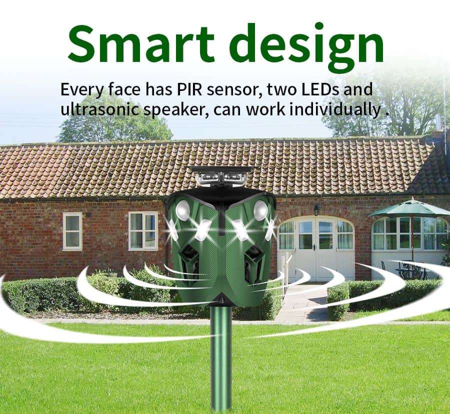 Ultrasonic 360° Dog Cat Repeller, Tri-Emitter, Solar Power, Outdoor