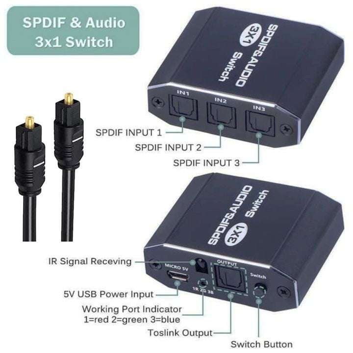 Digital Optical Audio Switch | SPDIF Toslink | 3 In 1 Out