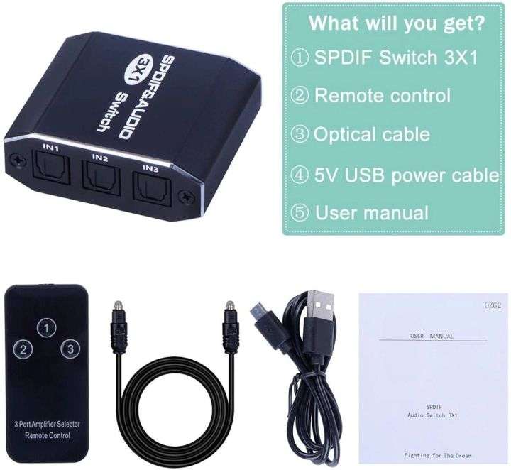 Digital Optical Audio Switch | SPDIF Toslink | 3 In 1 Out