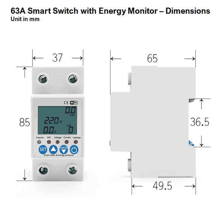 Smart Geyser Switch + Energy Consumption Monitor | 63A, 230VAC | WiFi Tuya Smart Life