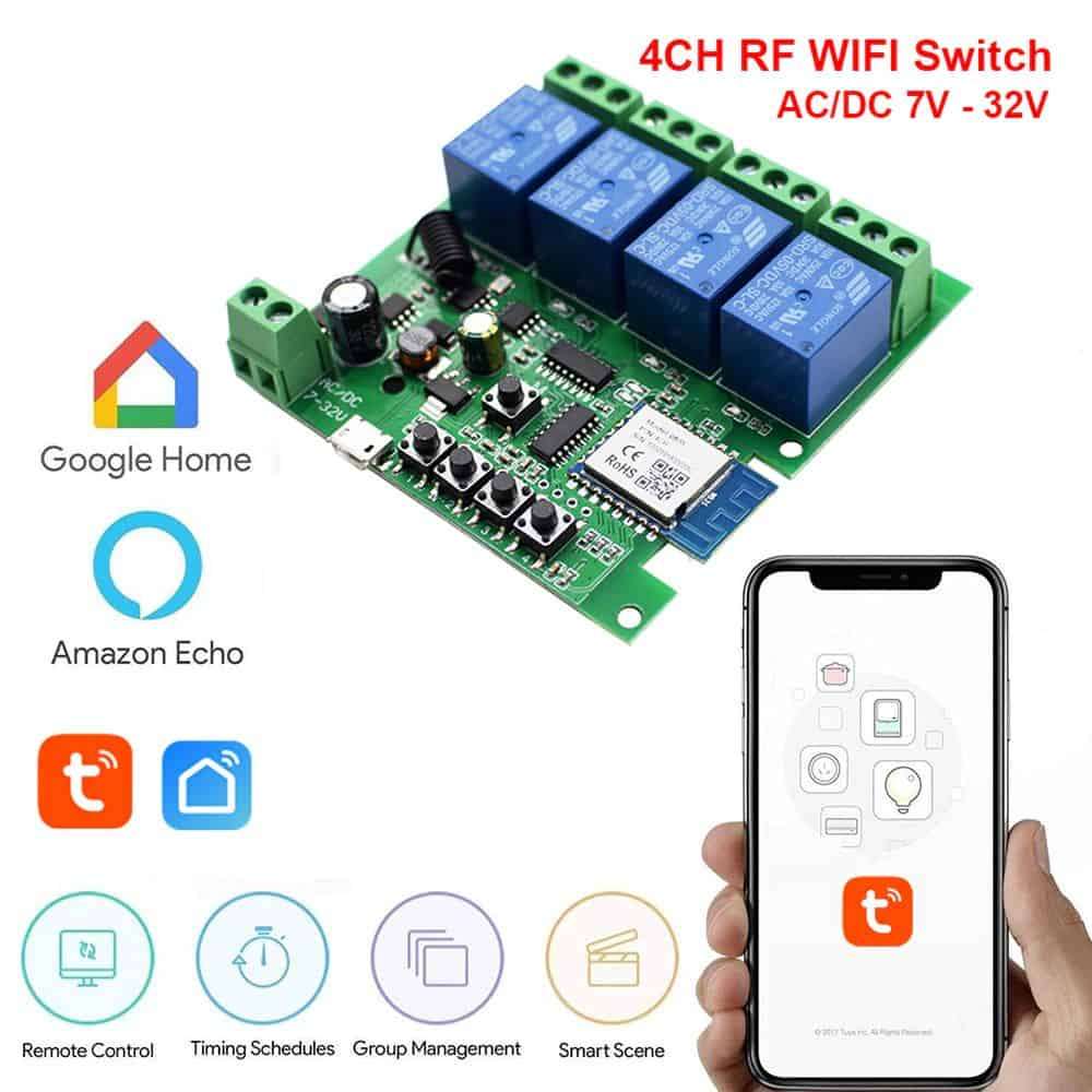 Smart 4Ch Relay Switch 10A + Shell | RF433Mhz + BT | DC or AC In |  WiFi Tuya Smart Life