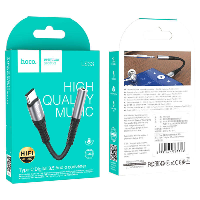 HOCO LS33 Type-C to 3.5mm Audio Adapter | Aluminium Alloy | Mic & Wire Control Support
