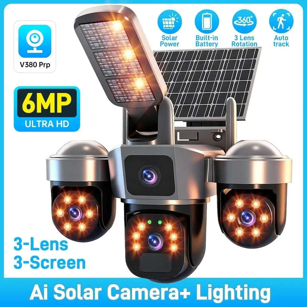 6MP Outdoor Solar Wifi Camera with 3 Lenses and 3 Screens