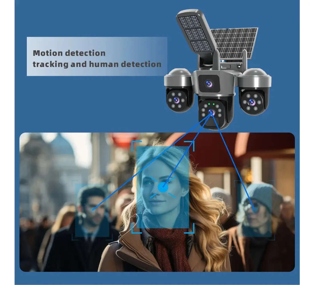 6MP Outdoor Solar Wifi Camera with 3 Lenses and 3 Screens