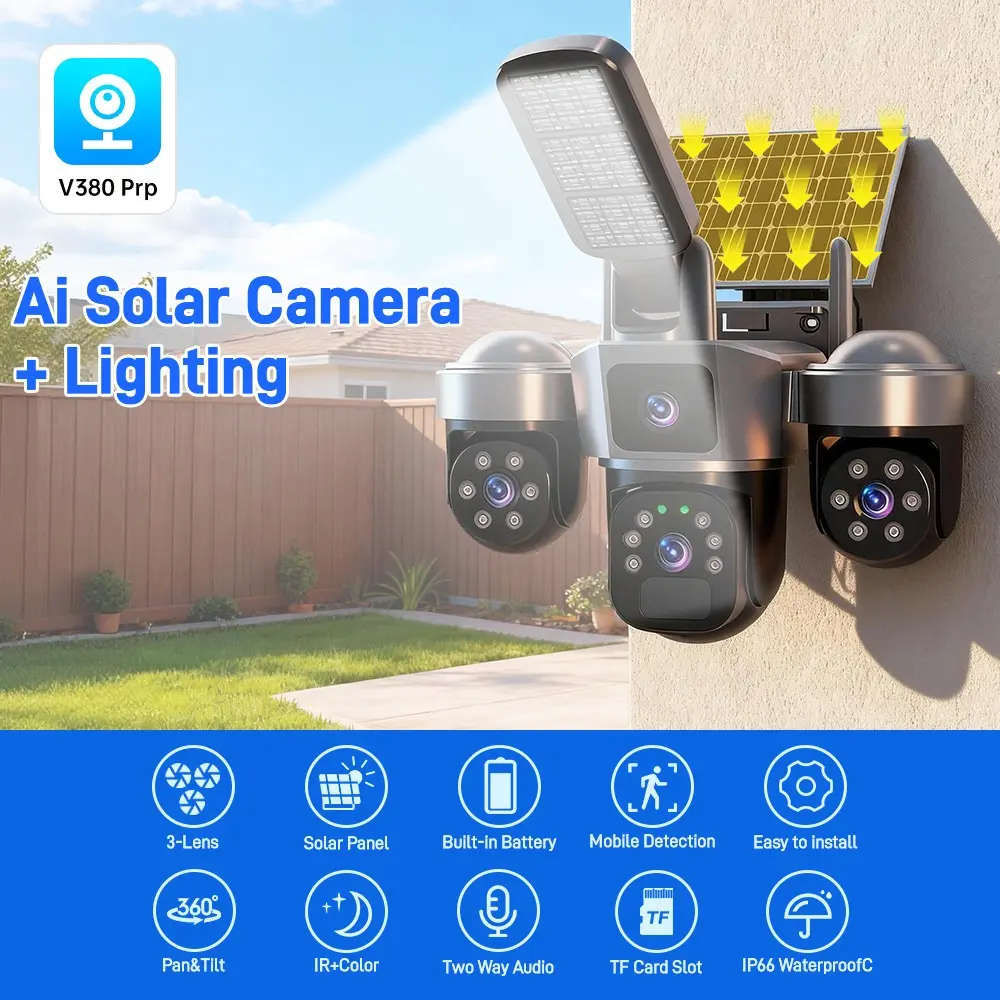 6MP Outdoor Solar Wifi Camera with 3 Lenses and 3 Screens