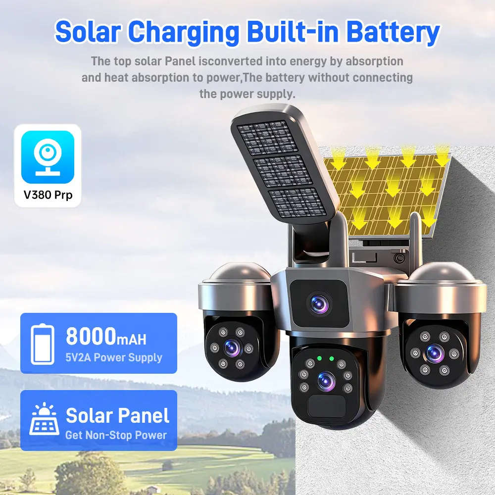 6MP Outdoor Solar Wifi Camera with 3 Lenses and 3 Screens