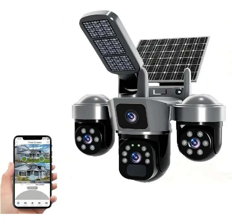 6MP Outdoor Solar Wifi Camera with 3 Lenses and 3 Screens