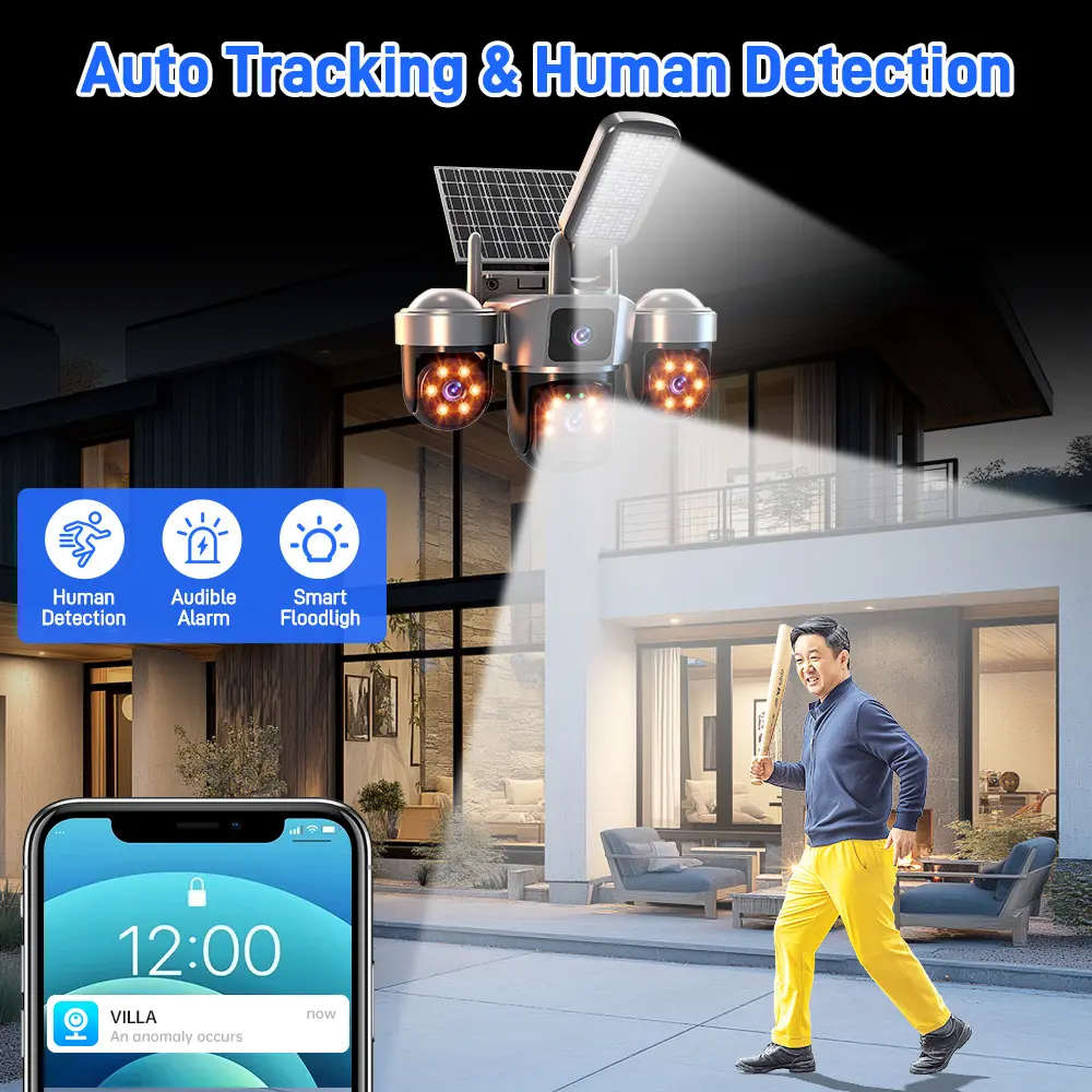 6MP Outdoor Solar Wifi Camera with 3 Lenses and 3 Screens