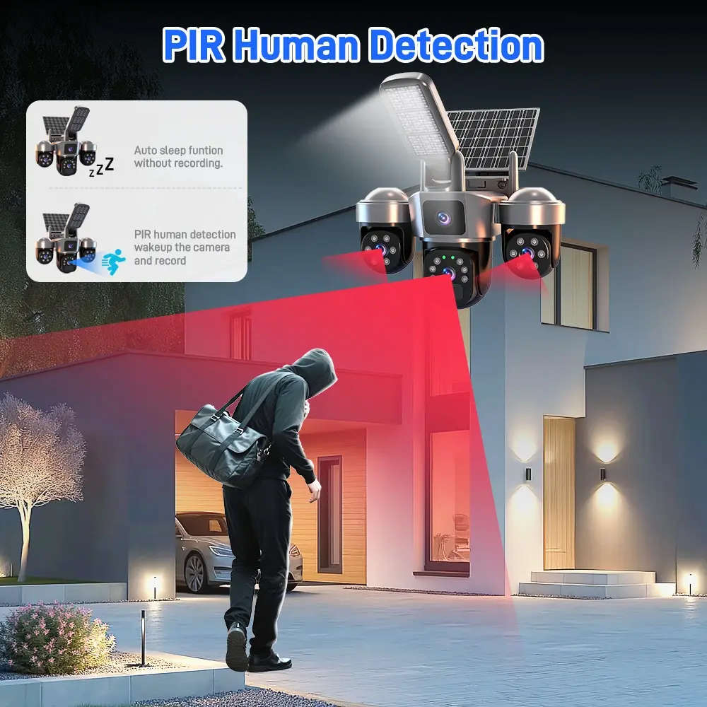 6MP Outdoor Solar Wifi Camera with 3 Lenses and 3 Screens