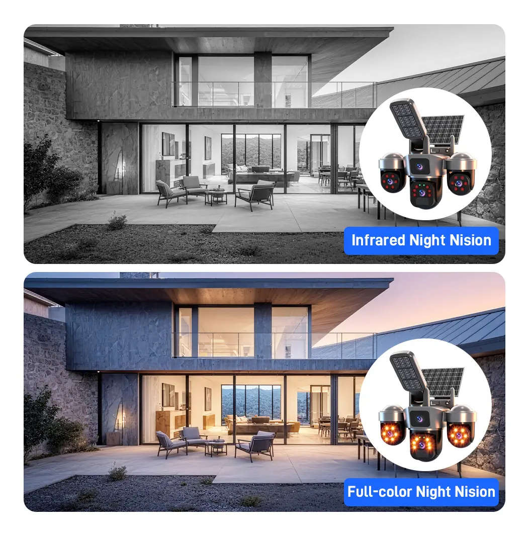 6MP Outdoor Solar Wifi Camera with 3 Lenses and 3 Screens