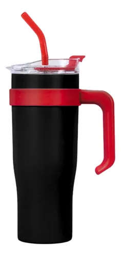 1.2L Tumbler Stainless Steel Vacuum Mug Cup with Handle, Lid & Straw - Black And Red