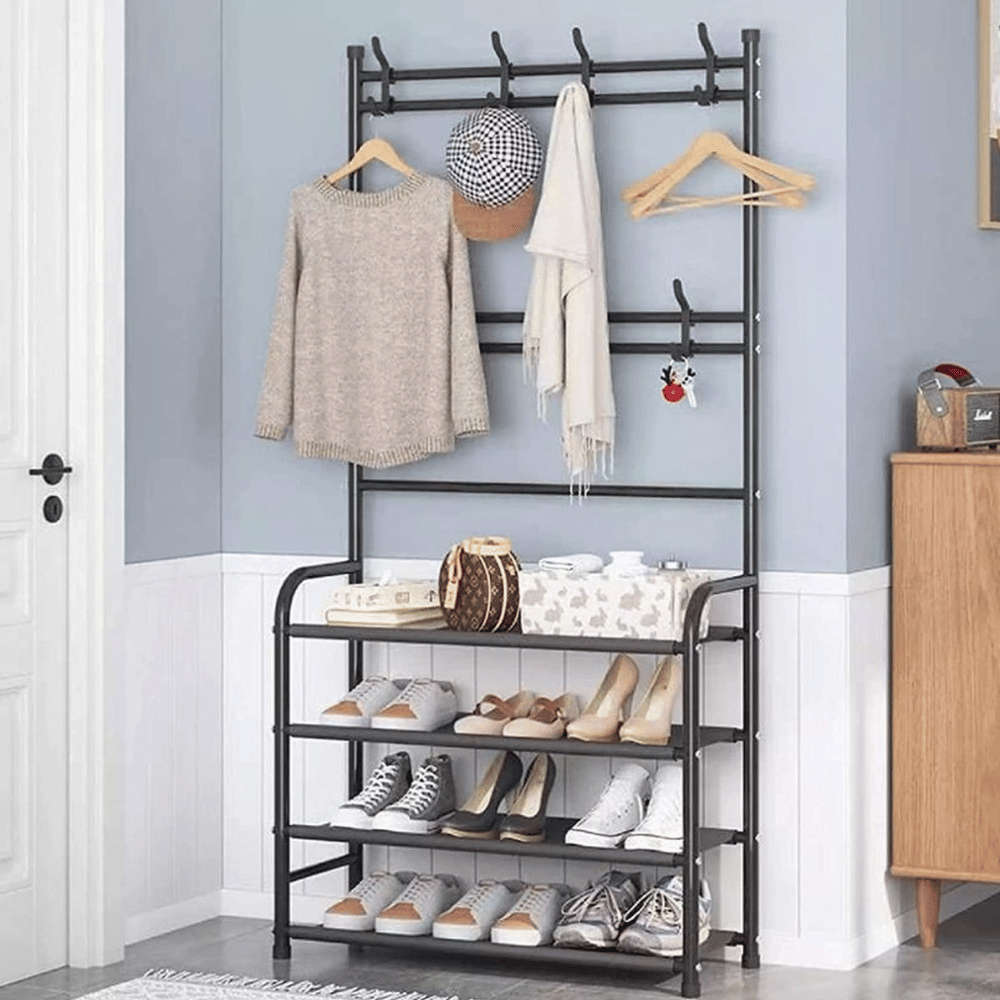 Multifunction 5-Tier Coat & Shoe Shelf Rack Organizer With 8 Hooks-Black