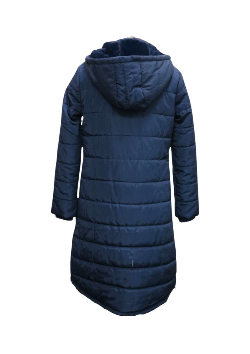 Womens Long Fur-lined Puffer Coat Navy