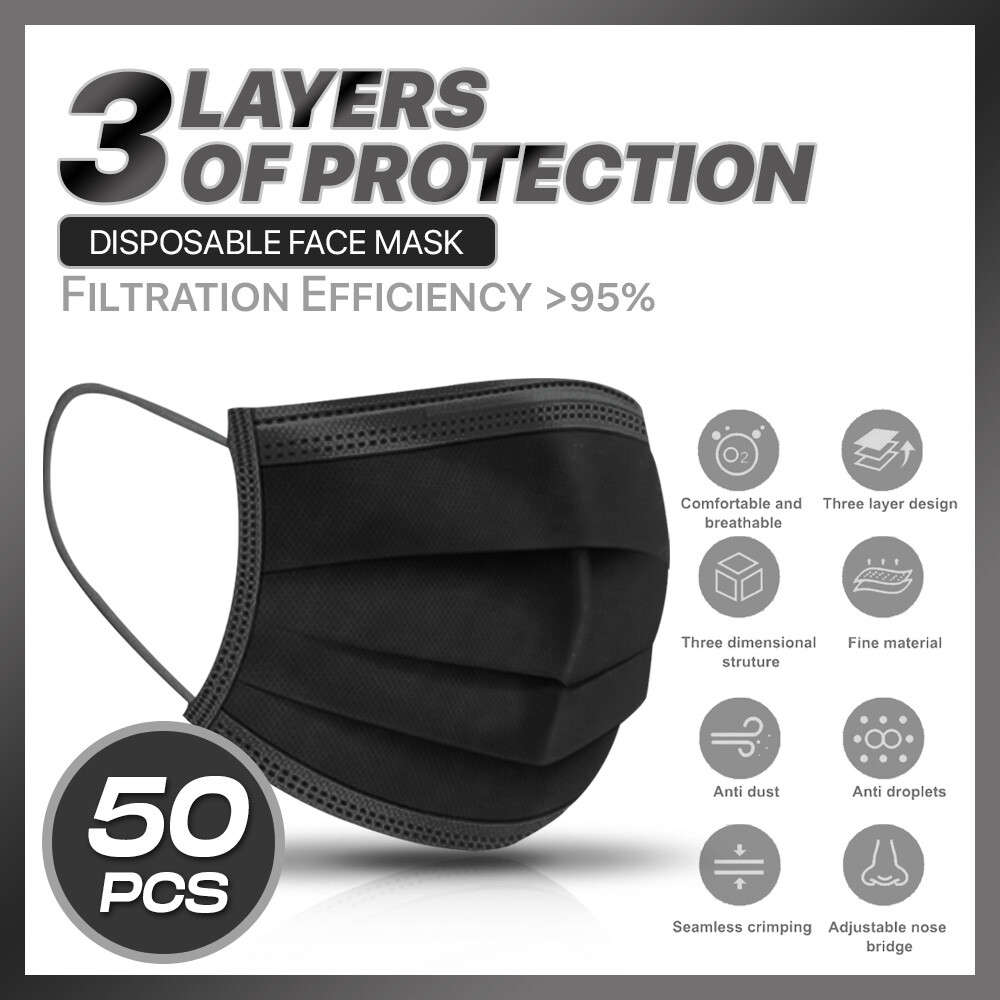Black 3ply Masks - 50 in a pack