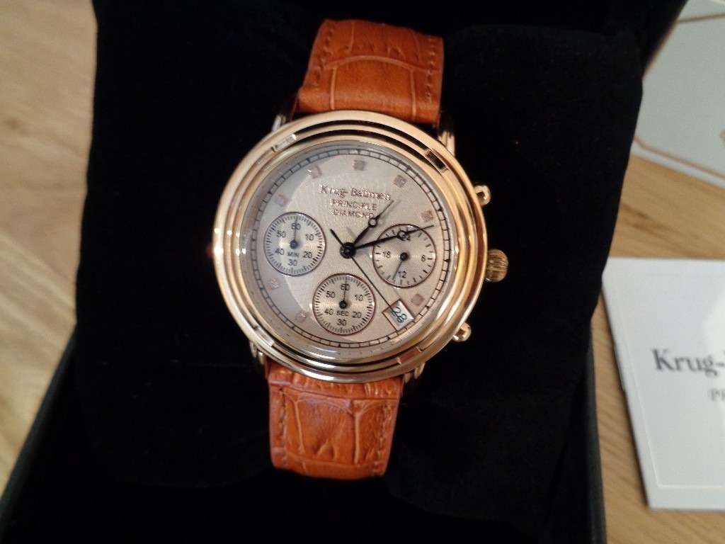 RRP £800**credit cards welcome** Krug Baumen Men's Rose Gold Champagne 8 Diamond Chrono Watch