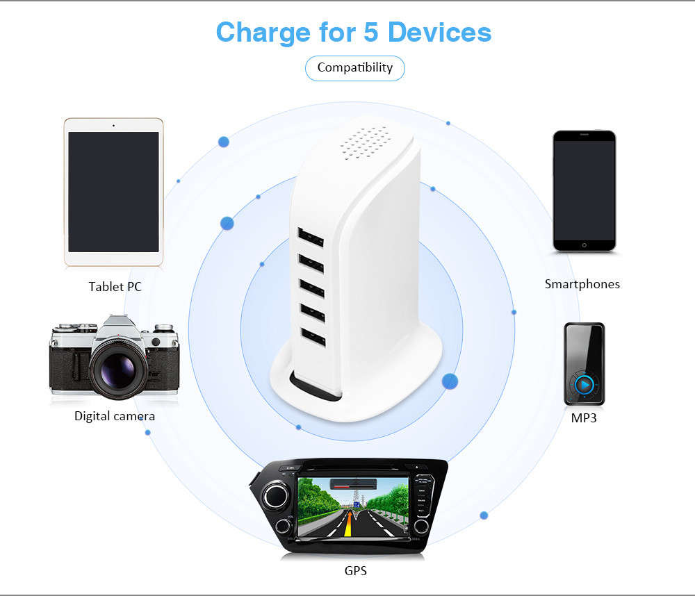 20W 5 USB Power Adapter Charger Socket Charging Dock for Smartphones Tablets