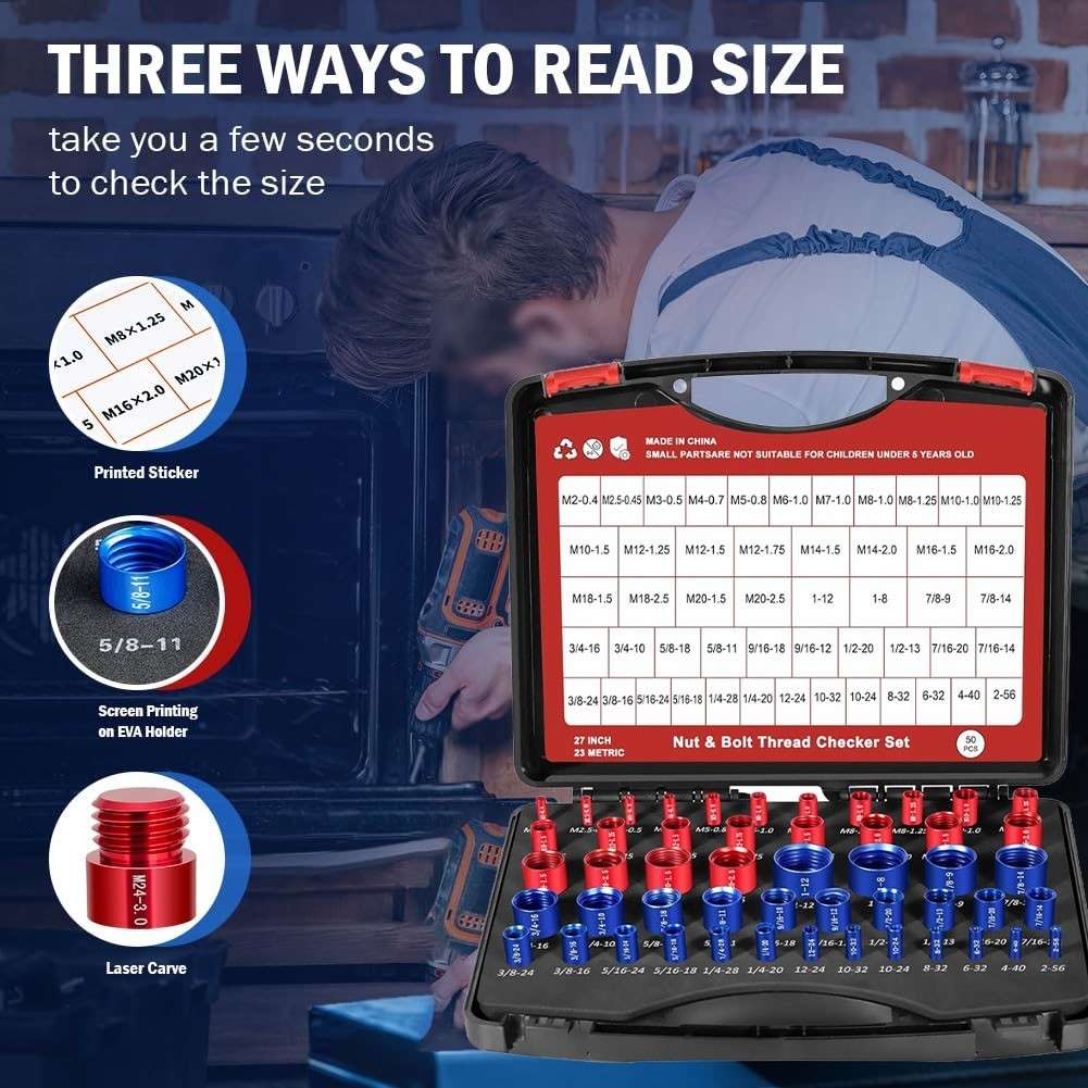 50pcs Nut And Bolt Thread Gauge Set For SAE And Metric Thread Identification