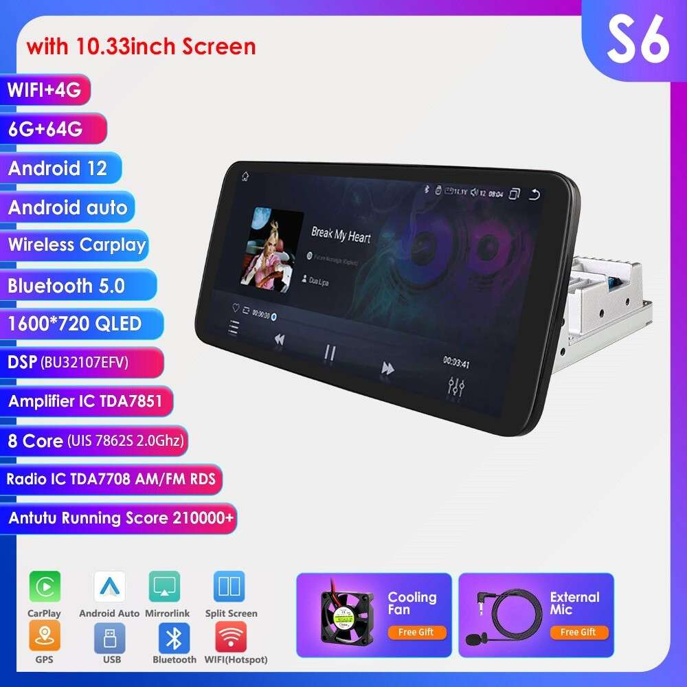 Single DIN Rotatable 10.3" Android 12 QLED Screen Car Stereo Radio 6+64GB GPS BT
