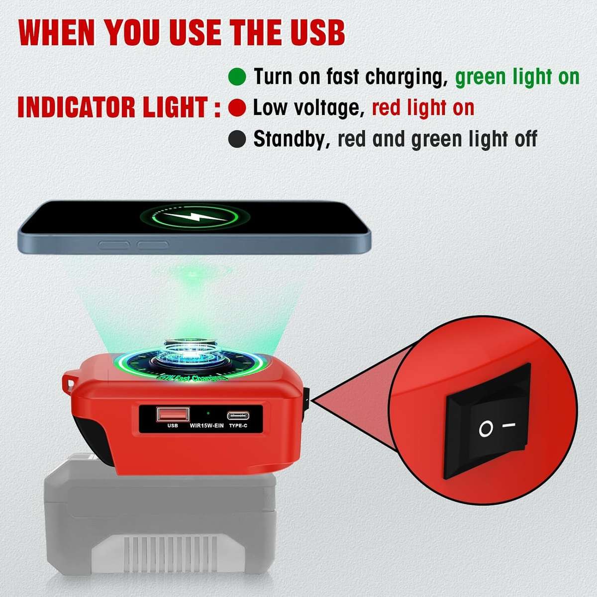 Wireless Charger Adapter for Einhell 18v Battery 15W for Phone with Type C USB