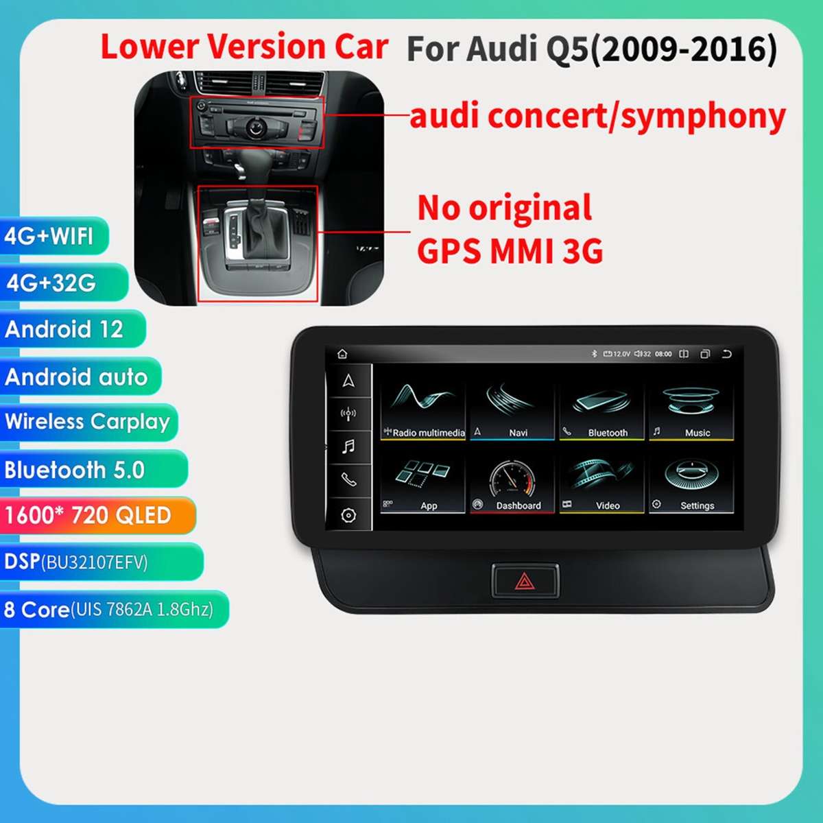 Wireless CarPlay Radio 10.33" for Audi Q5 2009-15 Android 12 Car GPS WiFi Player