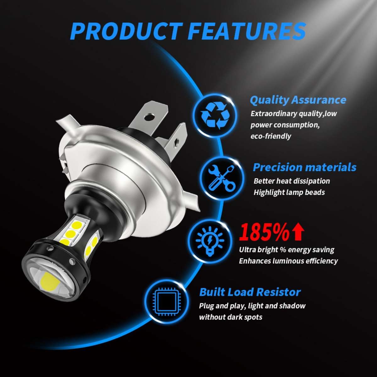 4x 4-Sides H4 9003 LED Headlight Bulbs High Low Beam Conversion Kit 6000K White