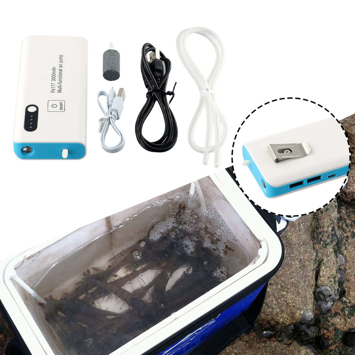 Oxygenated Aerator For Live Bait Bucket With Adjustable Clip And USB Port