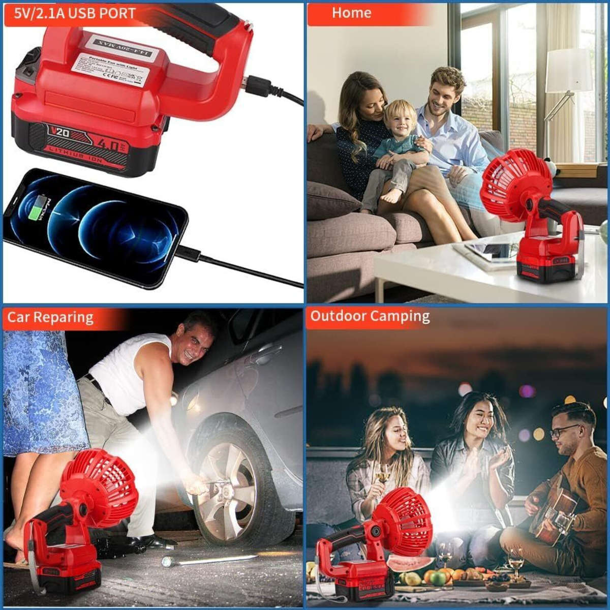 Portable Fan for Craftsman 20V Battery 9W LED Light Cordless Jobsite Fan Camping