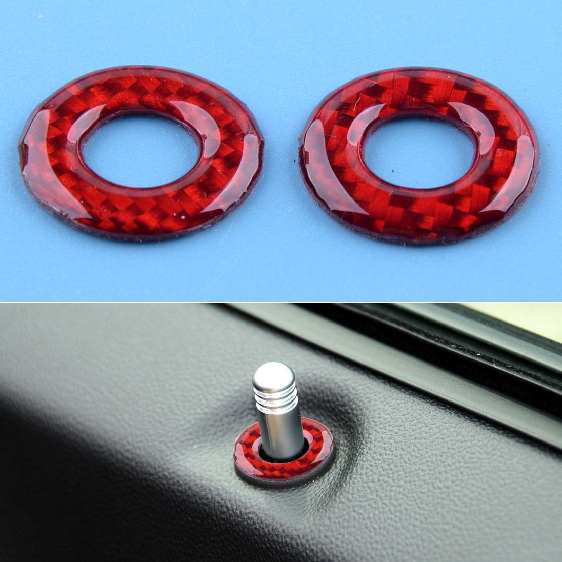 2pc Carbon Fiber Red Door Lock Pin Cover Ring Fit for Dodge Challenger 2008-2014
