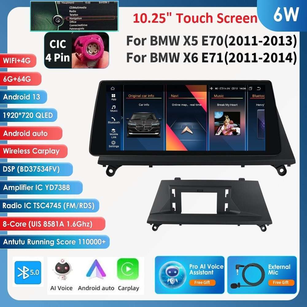 10.25" Car GPS Radio 8Core For BMW X5 X6 E70 E71 CIC Android 13 Wireless CarPlay