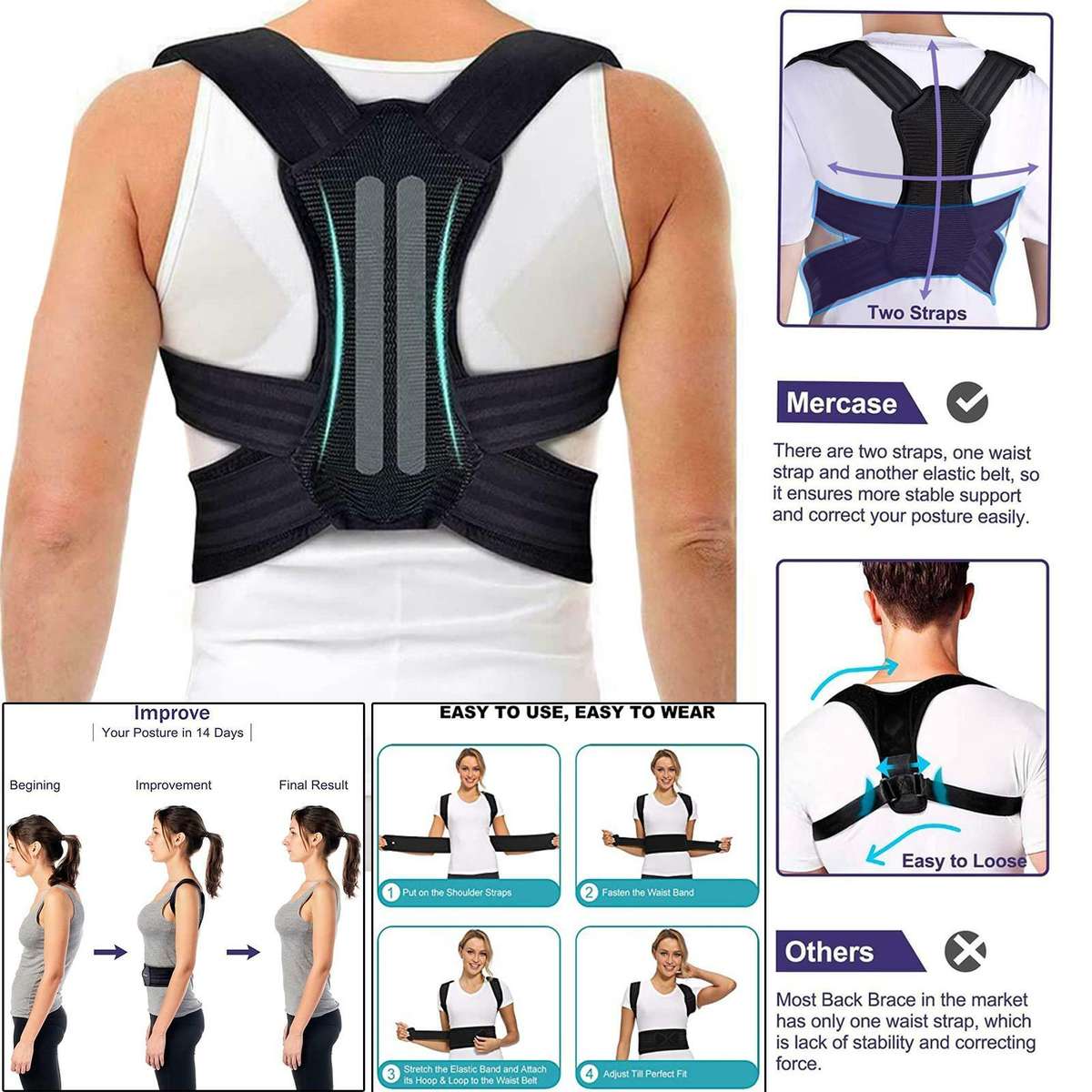 Back Brace Posture Corrector - Back Support Belt with Fully Adjustable Straps  [ SIZE LARGE ]