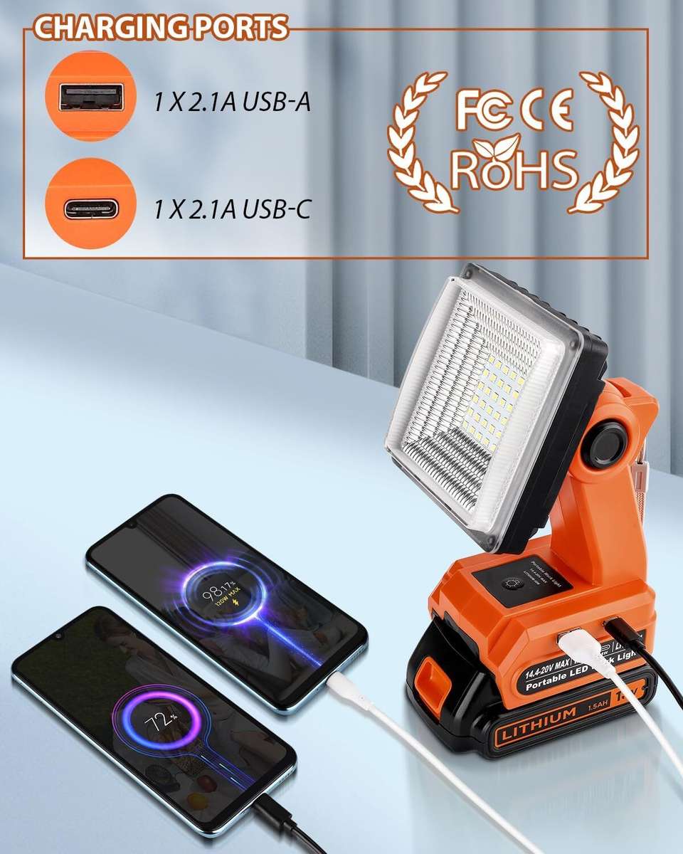 1500LM Cordless LED Work Light for Black&Decker 20v LED Floodlight USB Charging