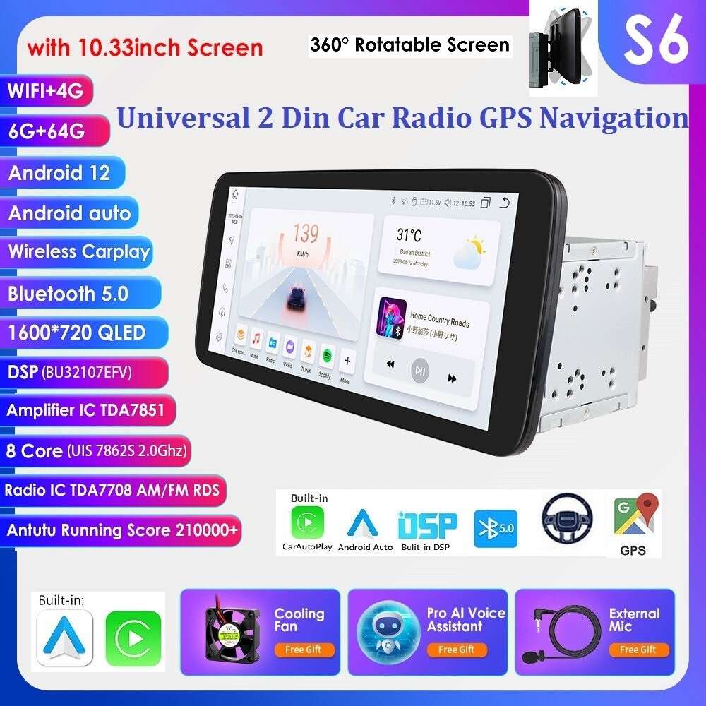 Double 2DIN Rotatable 10.33" Android 12 8Core Car Stereo Radio GPS Carplay 6+64G