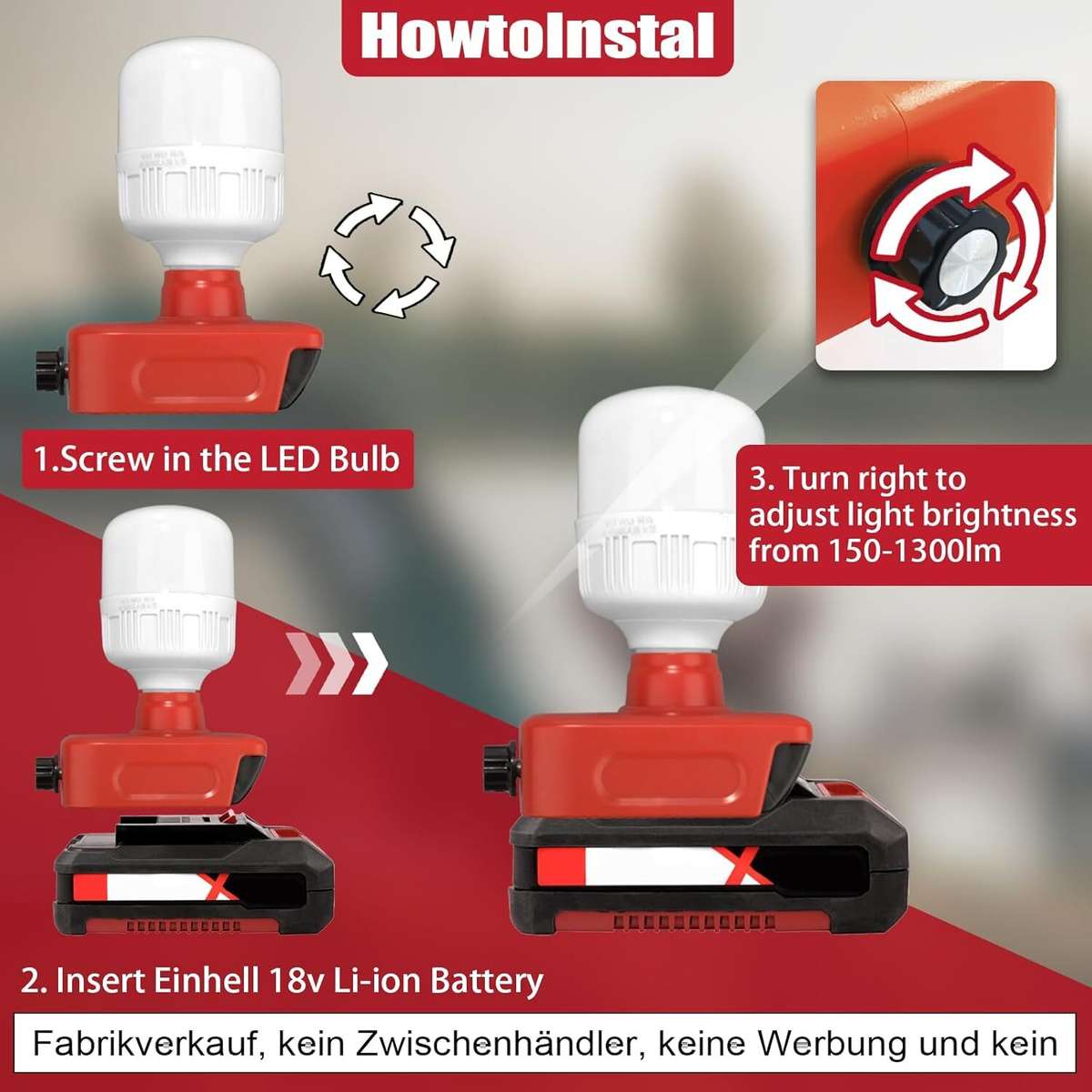 LED Work Light Protable Lamp Flashlight Camping Light for Einhell 18V Lantern