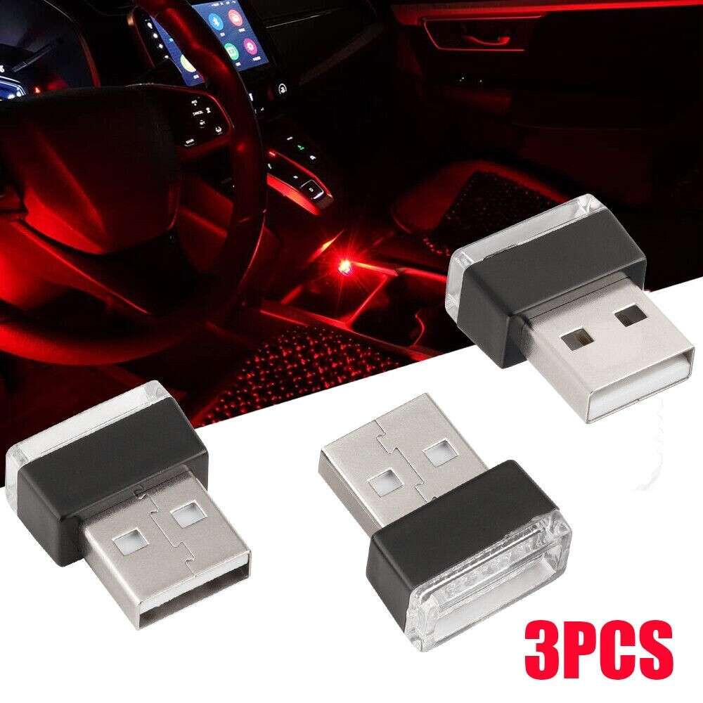 3x Red Mini LED USB Car Interior Light Neon Atmosphere Ambient Lamp Accessories