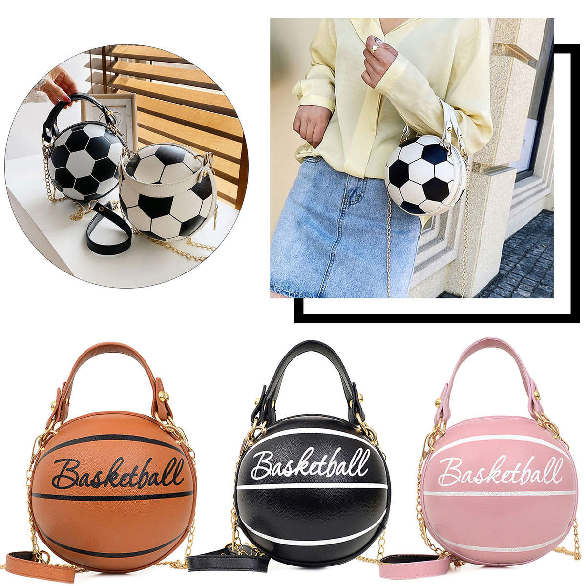 Lady Chain Diagonal Crossbody Bag Women Round Basketball Handbag Shoulder Bag