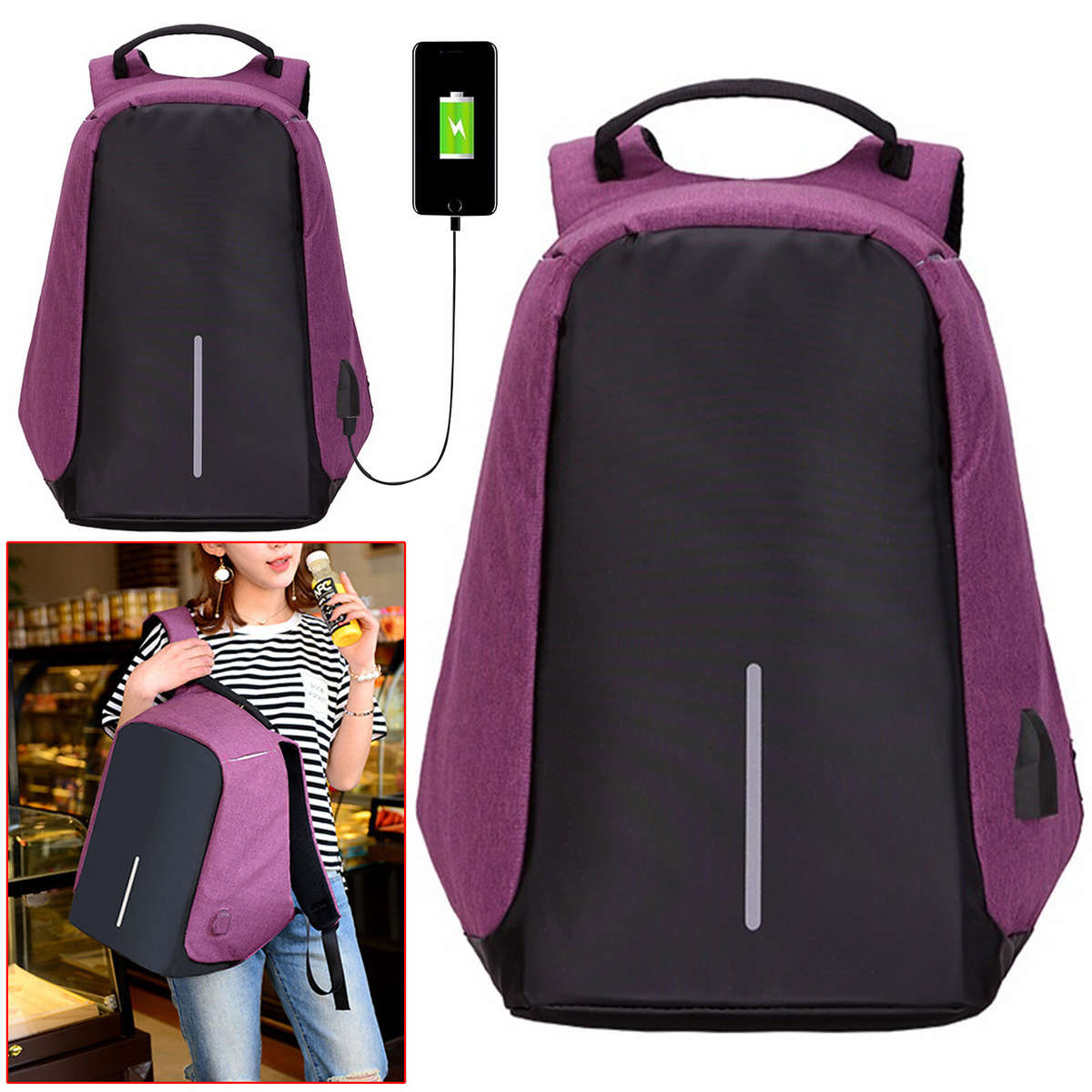 Unisex Anti-Theft Backpack USB Charging Port Laptop Travel Bag Rucksack School