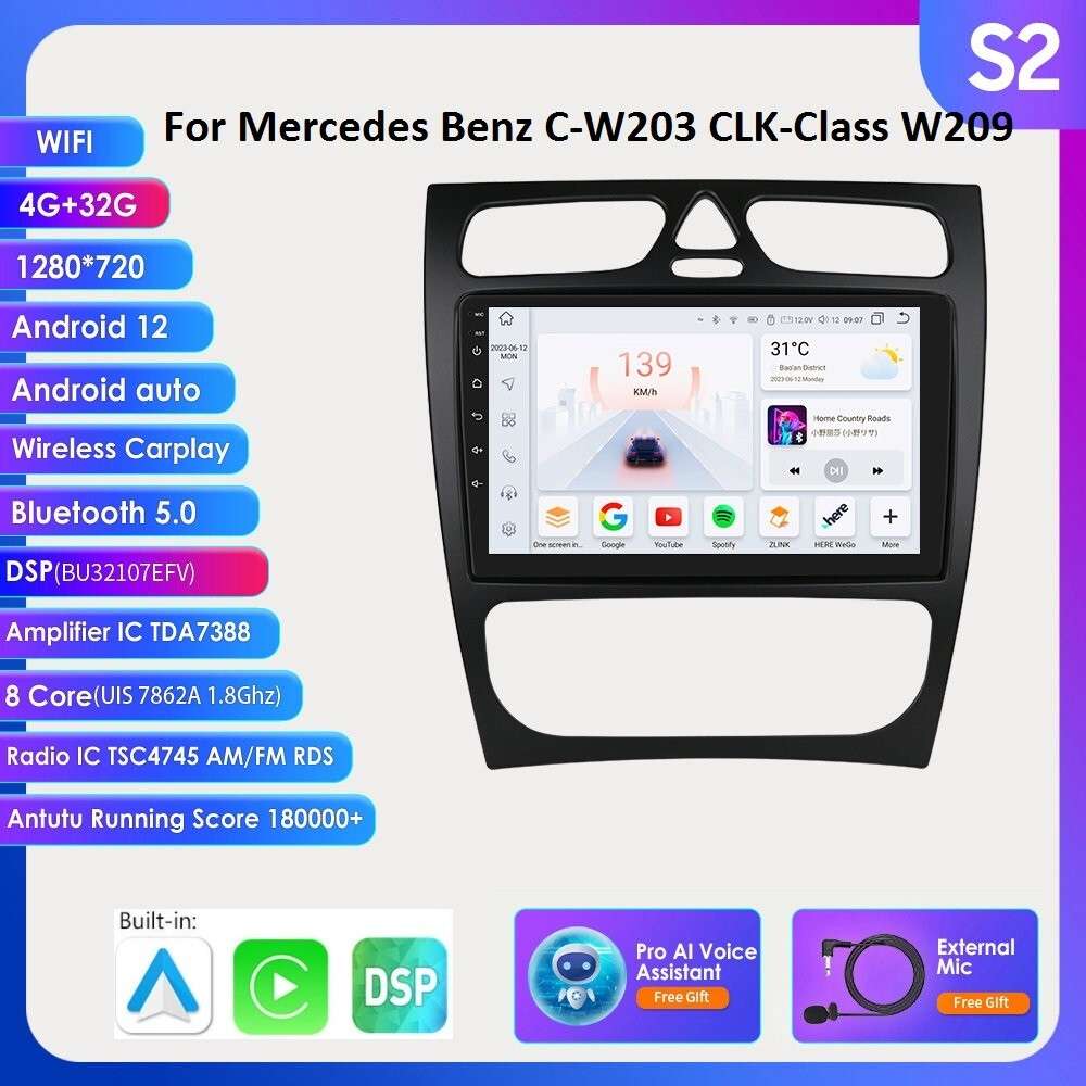 9" CarPlay Android 12 Auto Car Stereo BT GPS Head Unit For Benz C-CLASS CLK W209