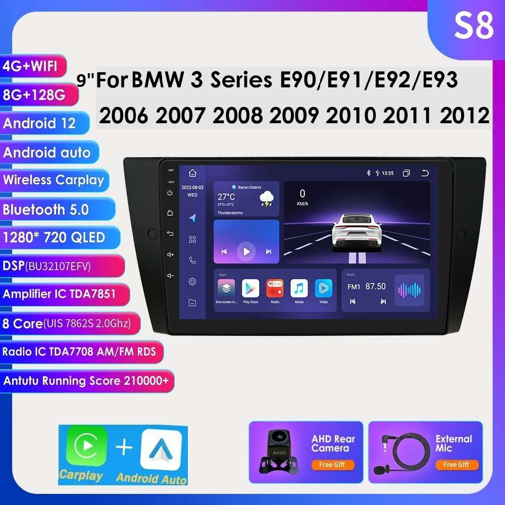 For BMW 3 Series E90 E91 E92 E93 8+128GB Android 12 Car GPS Stereo CarPlay Radio