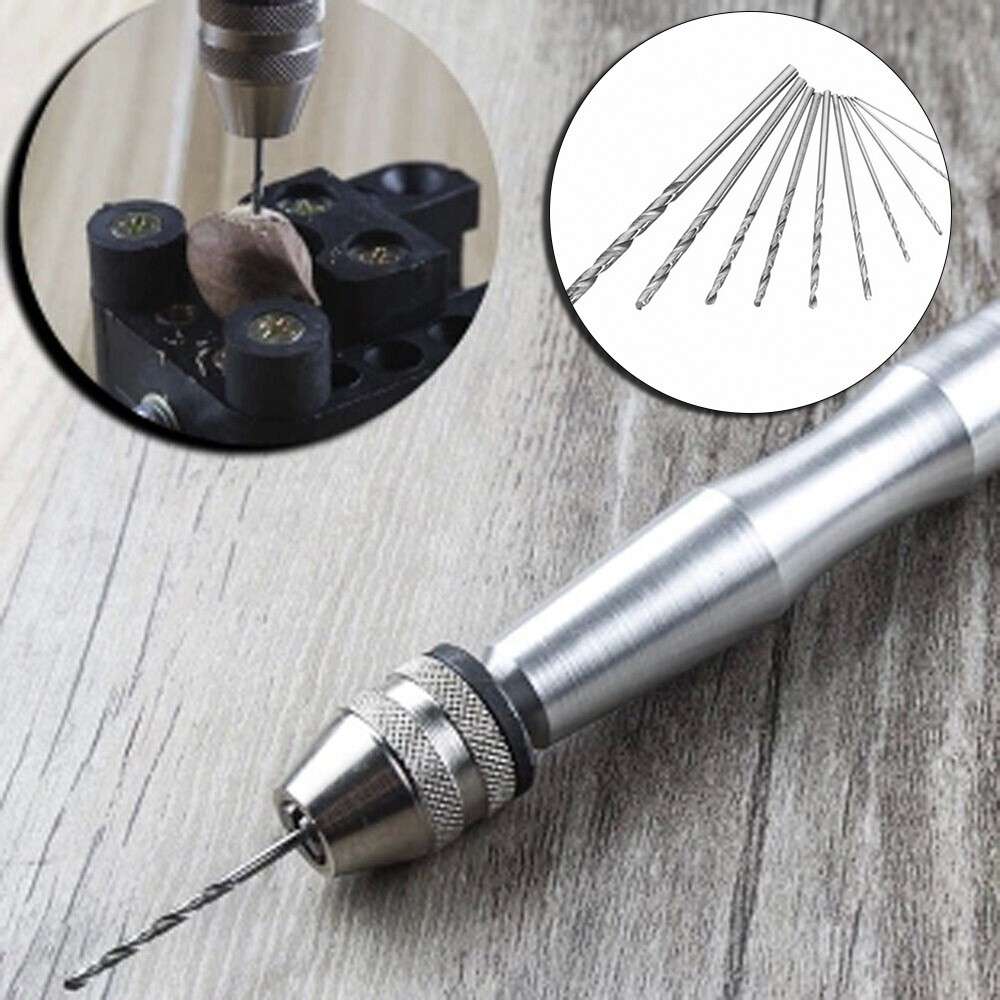 Aluminum Silver Pin Vise Hand Push Drill Chuck For Jewelry Tool&10PCS Micro Bits