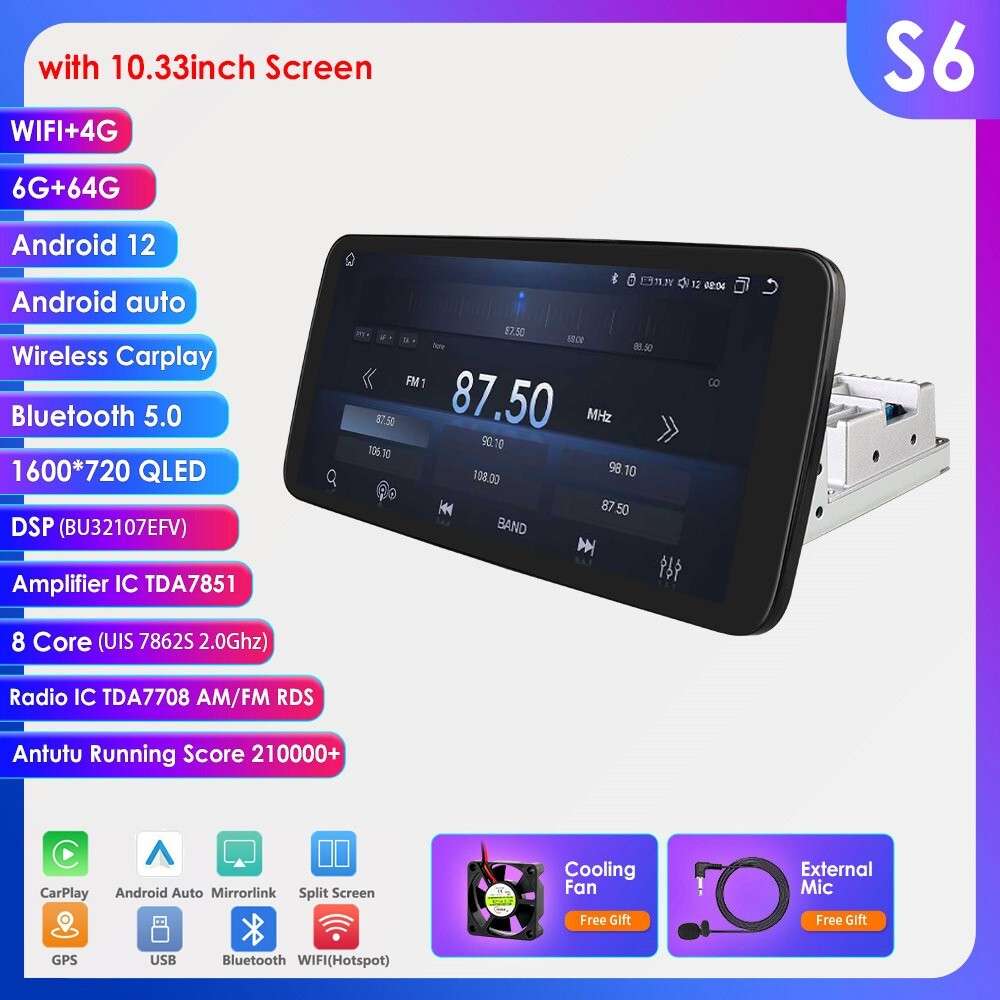 Single DIN Rotatable 10.3" Android 12 QLED Screen Car Stereo Radio 6+64GB GPS BT